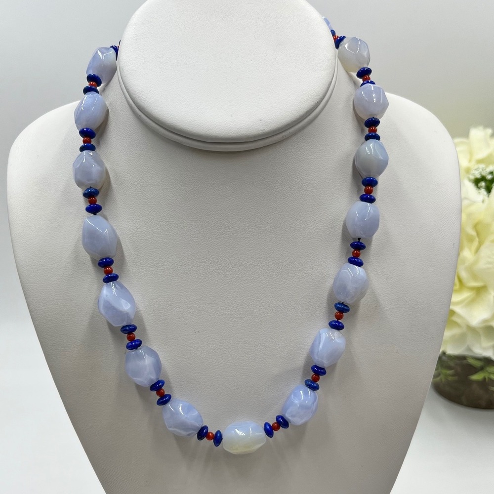 Designer‎ Signed Artisan Gemstone Blue Lace Agate Lapis Hand Knotted Necklace
